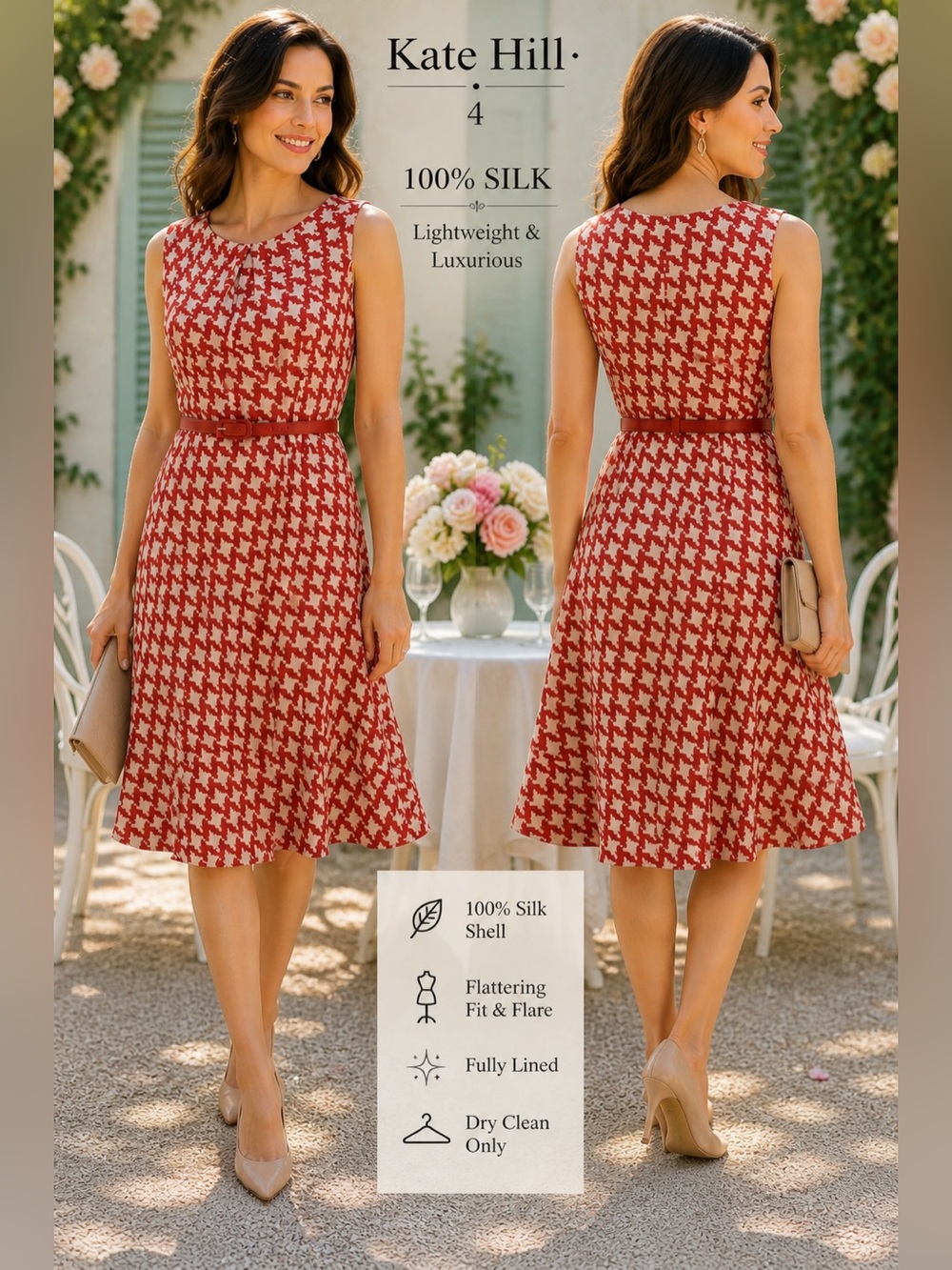 Kate Hill Silk Dress Red Cream women Size 4 Fit Flare flouncy feminine wedding